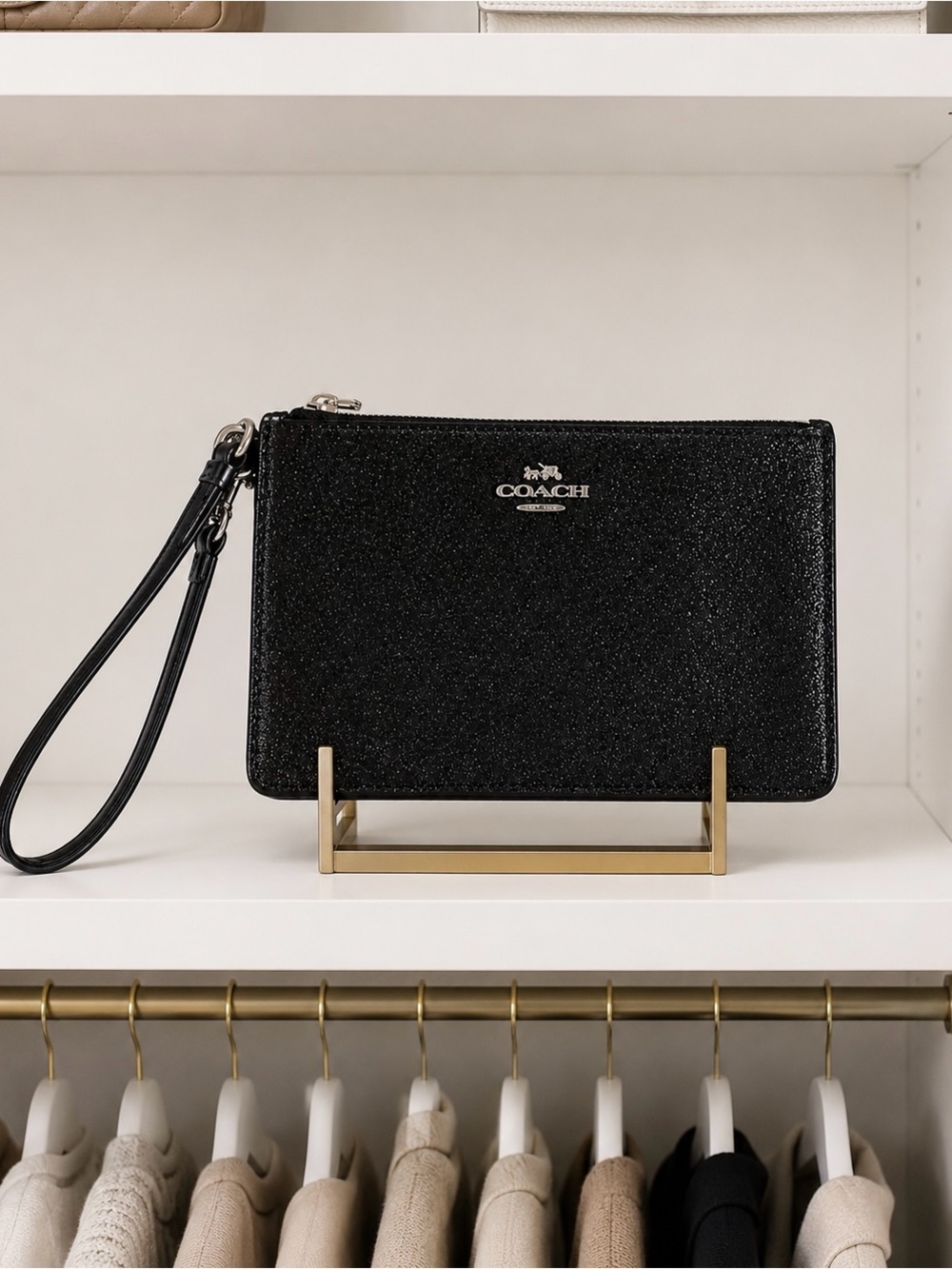 Coach Glitter Wristlet Pouch – Black Sparkle Leather Wristlet